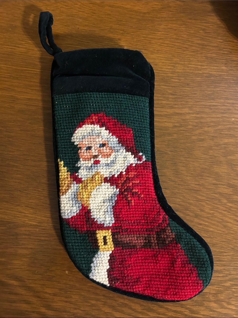 Lillian Vernon Santa Needlepoint Christmas mini Stocking - Red & Green